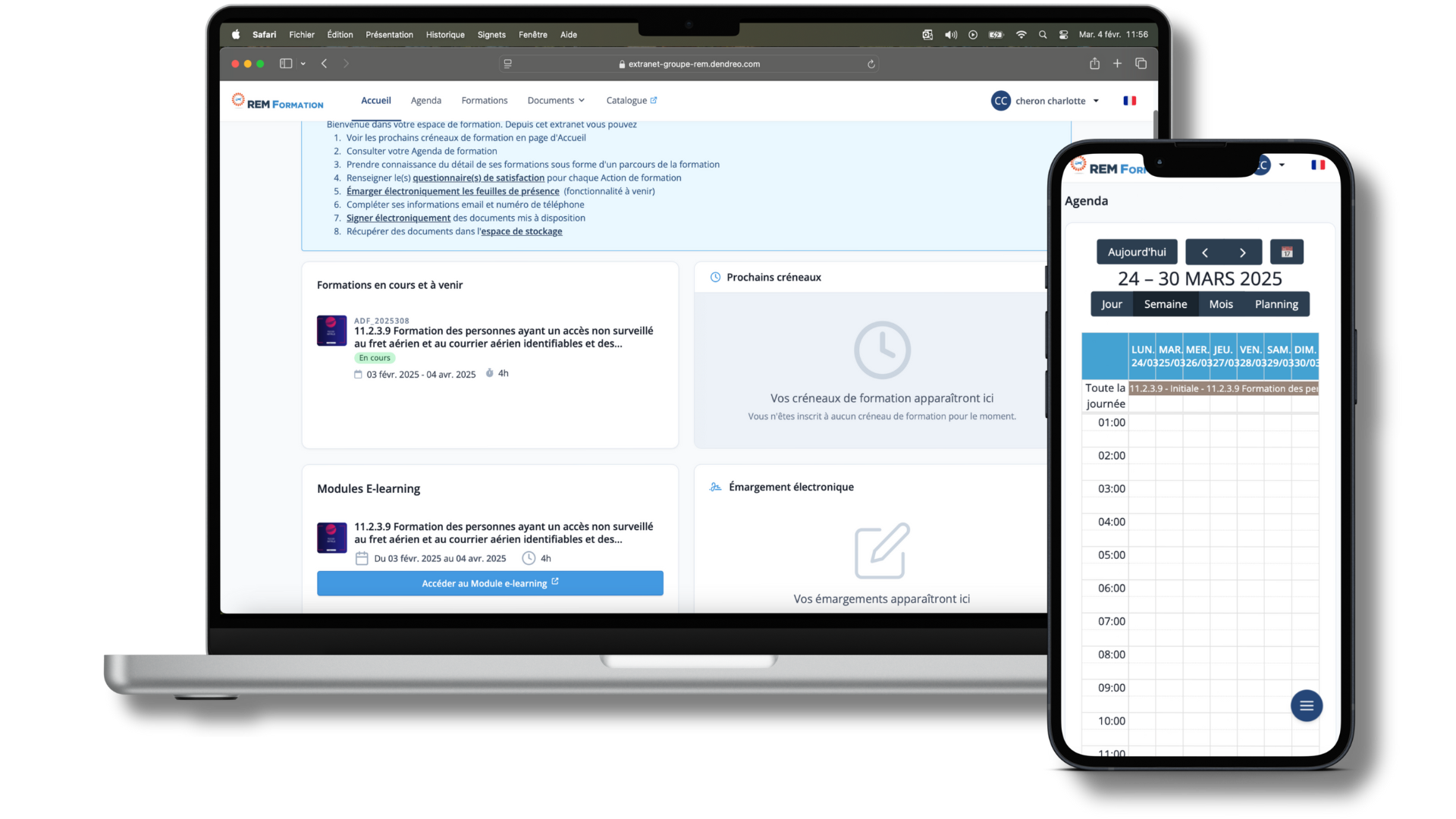 Aperçu de l'extranet REM Formation sur ordinateur et mobile